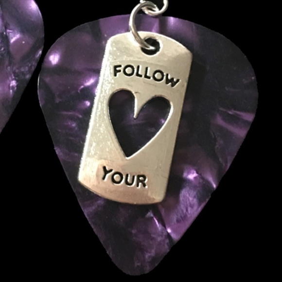 HAND Crafted Earrings Repurposed Guitar Picks Follow Your Heart Amethyst - Picture 3 of 7